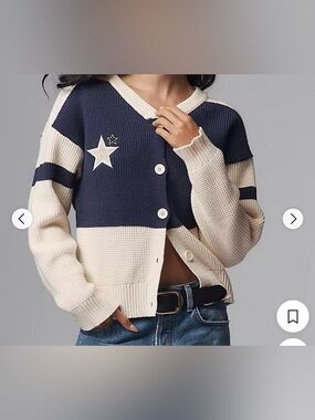 Anthropologie Chunky Colorblock Star Cardigan Sweater - Navy & Cream